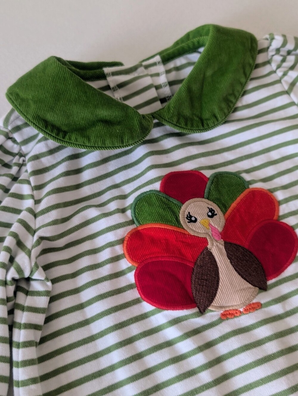 Zuccini kids Girls Green White Stripe Thanksgiving Dress W/Turkey Appliqué  2T